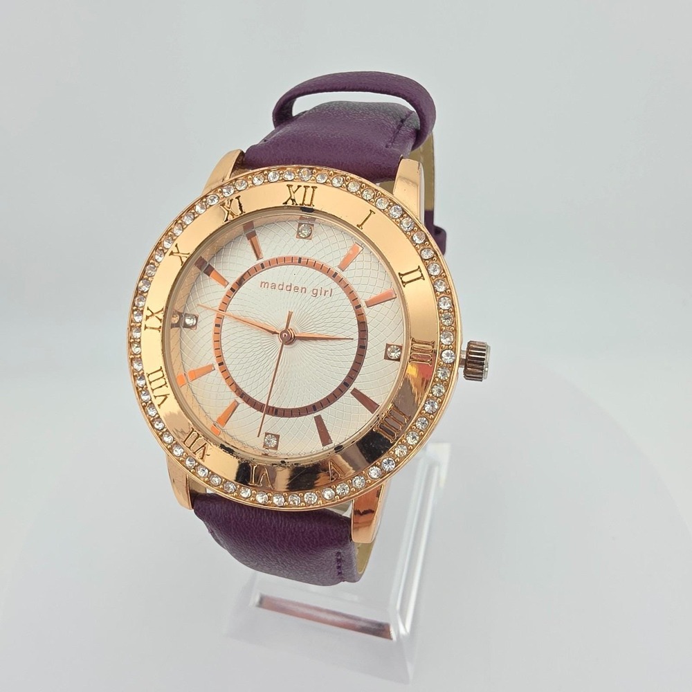 MADDEN GIRL Ladies Watch Crystal Bezel Purple Leather Band Rose Gold Plate 7.5"